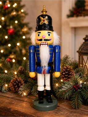 Vintage 14” Wooden Nutcracker Soldier Blue Uniform Hand Painted Christmas Decor